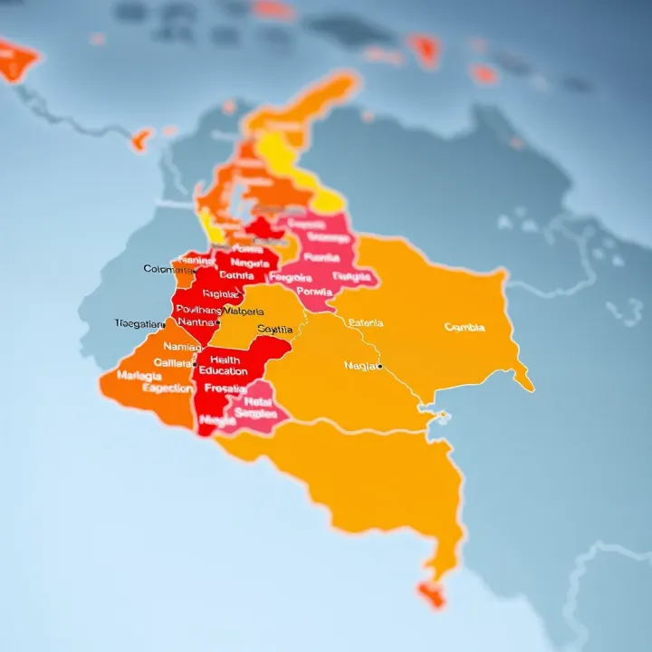 Map of Colombia highlighting regions with varying synthetic index values in health and education sectors.