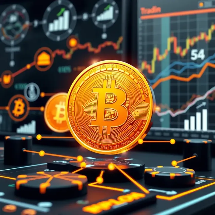 Visualization of automated cryptocurrency trading with Bitcoin symbols connected to technology and market growth icons