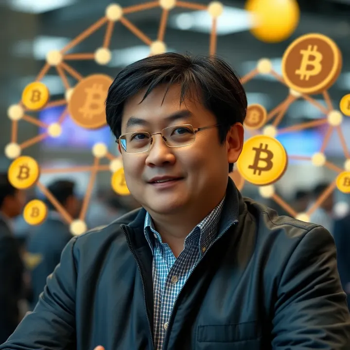 Conceptual graphic of decentralized finance network with blockchain and digital assets surrounding Ben Zhou's contributions