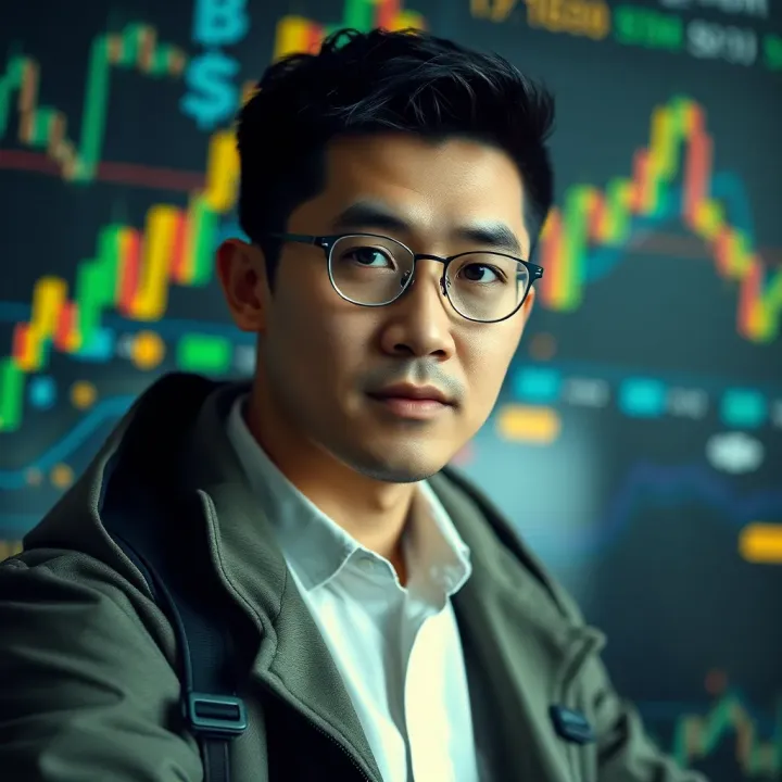 Portrait of Ben Zhou with cryptocurrency symbols and digital financial charts in the background