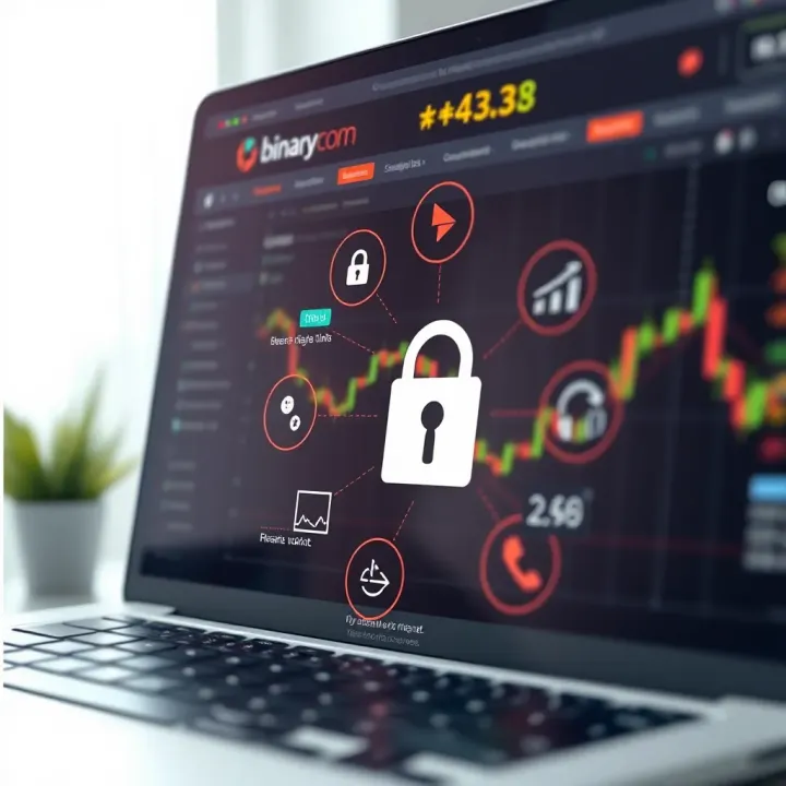Graphic depicting various online trading strategies and security measures on Binary.com