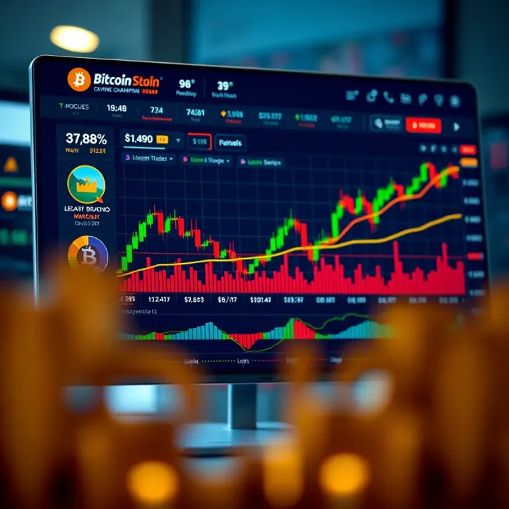 Digital representation of Bitcoin Champion platform interface displaying cryptocurrency trading charts and statistics