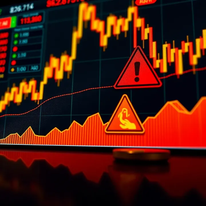 Graph showing rise and fall of bitcoin prices with warning icons