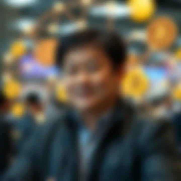 Conceptual graphic of decentralized finance network with blockchain and digital assets surrounding Ben Zhou's contributions