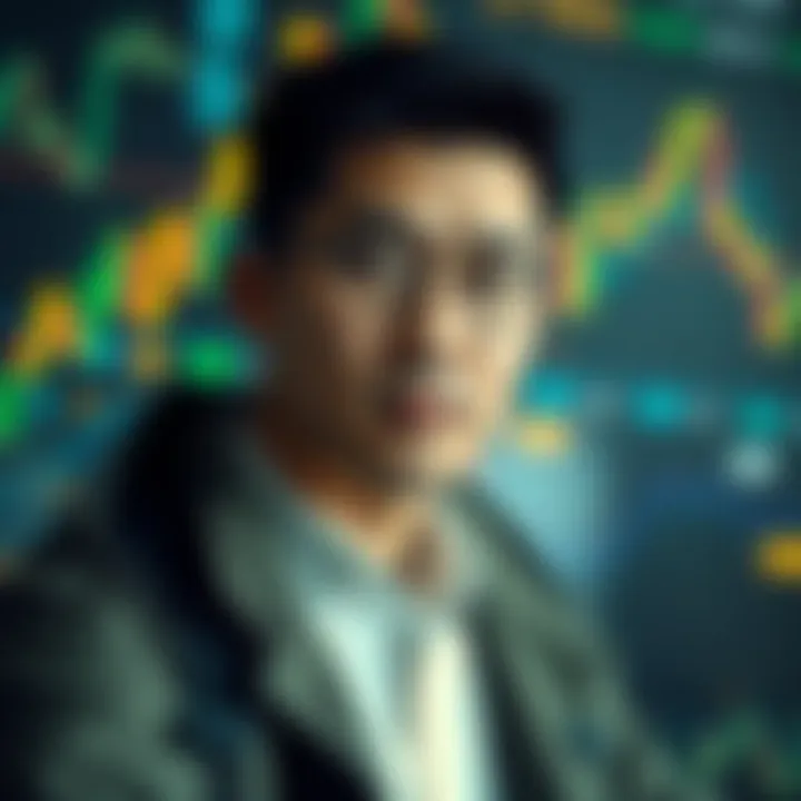 Portrait of Ben Zhou with cryptocurrency symbols and digital financial charts in the background