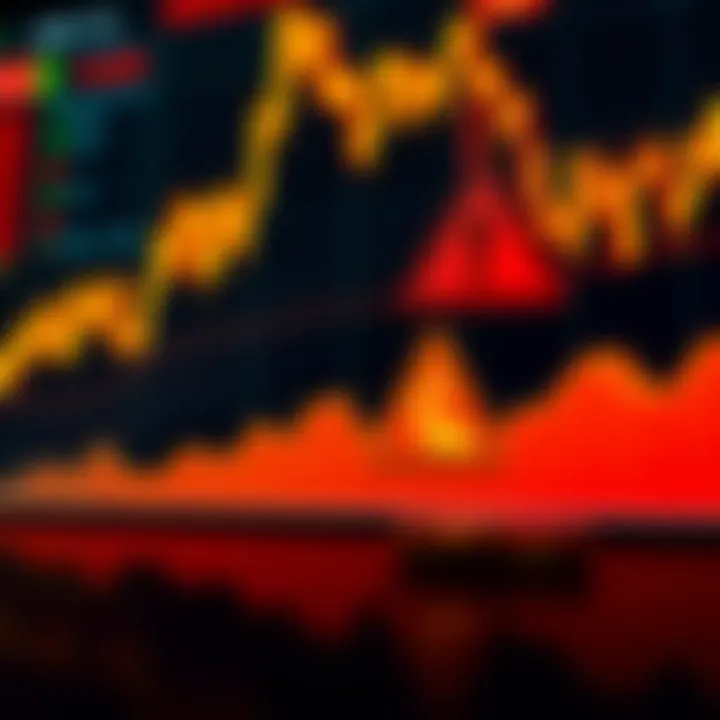 Graph showing rise and fall of bitcoin prices with warning icons