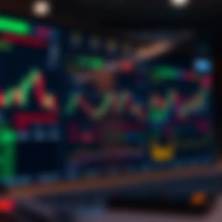 Illustration of a digital interface displaying automated trading algorithms with charts and data flow