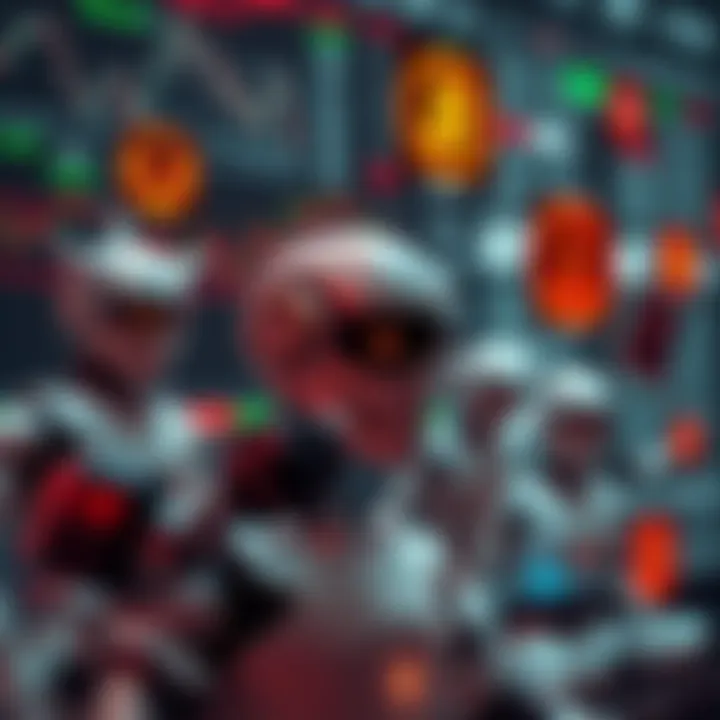 Conceptual illustration of various types of trading bots interacting with market data and legal compliance symbols