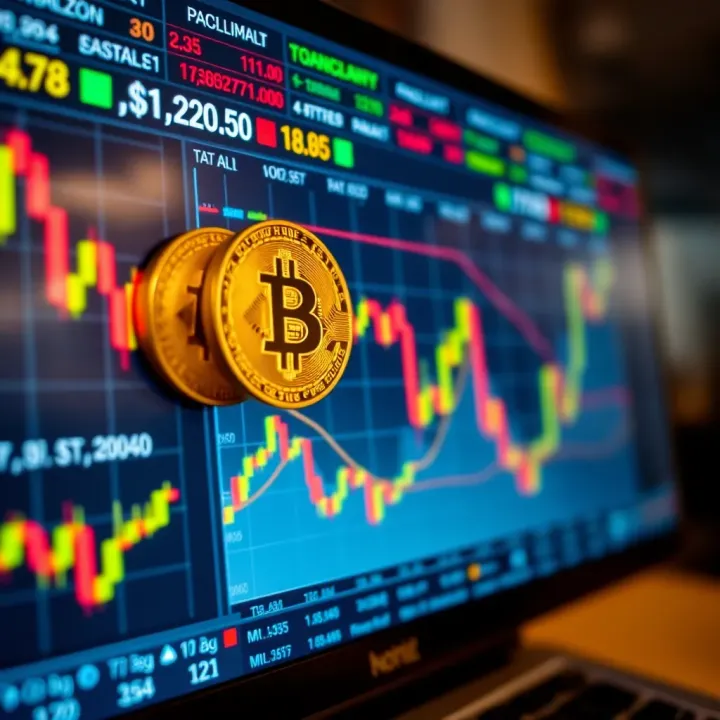 Cryptocurrency symbols and stock market graphs on a screen with Colombian financial data