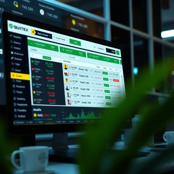 User interface of Quotex trading platform showing various asset options and trading tools