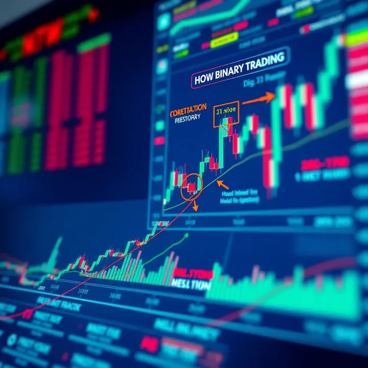 Diagram illustrating the concept and workflow of binary trading with financial charts and decision points