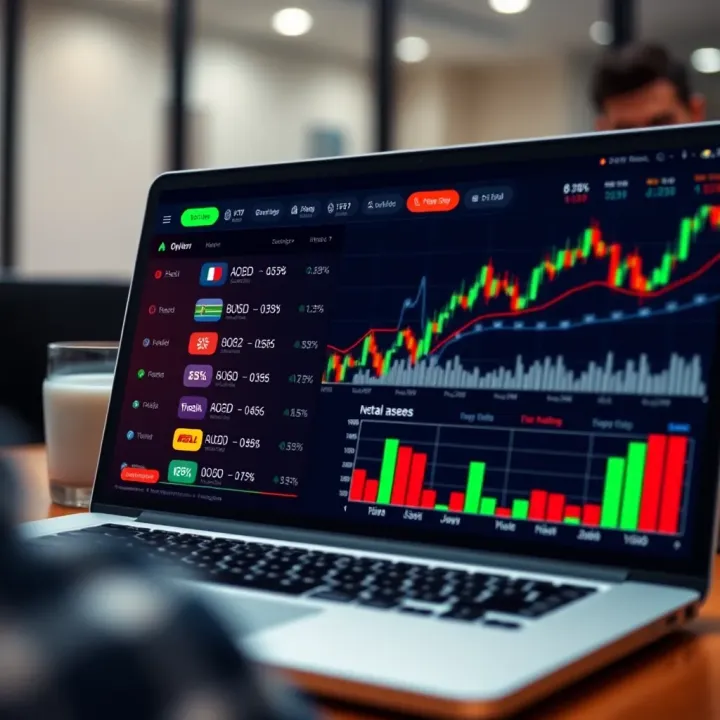 User interface of a trading platform showing various asset options and trading charts