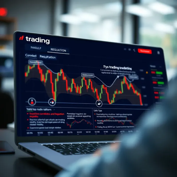 Illustration of a trading platform interface highlighting commissions, regulations, and safety tips