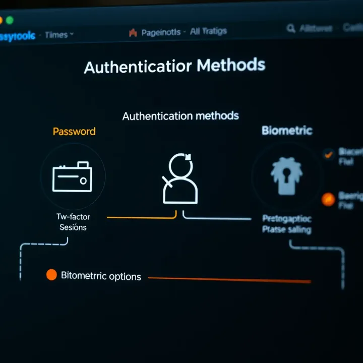 Diagram illustrating authentication methods including password, two-factor authentication, and biometric options