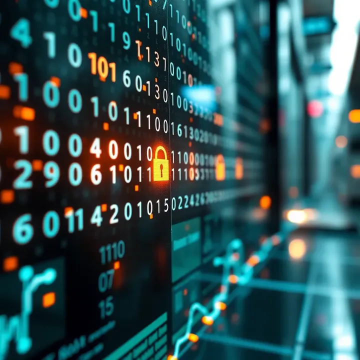 Visual representation of data encryption using binary codes and secure network connections