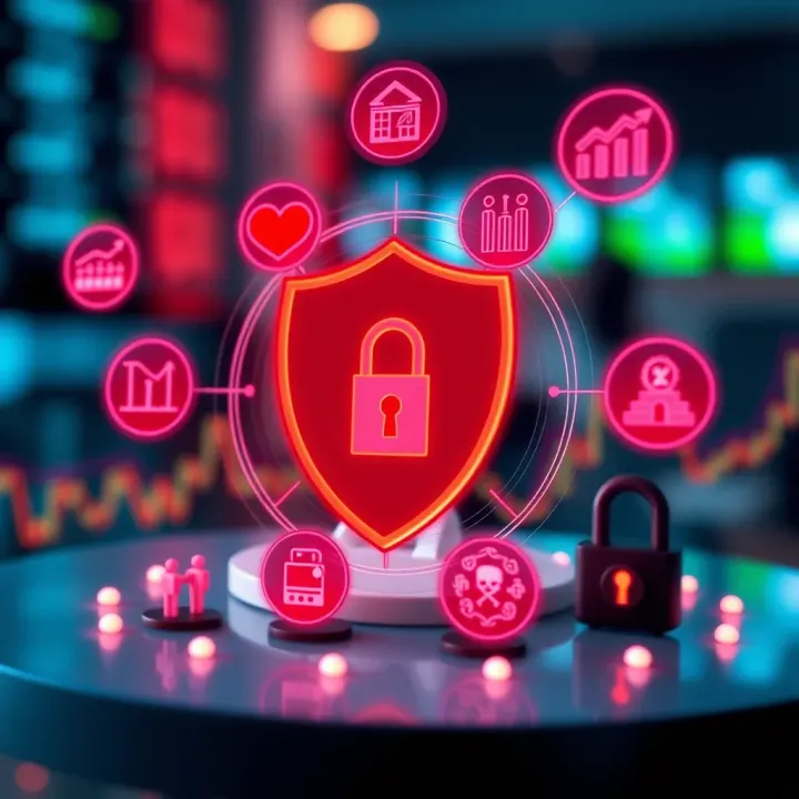 Graphic depicting regulatory compliance and security symbols surrounding financial market icons