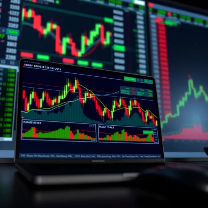 Illustration showing a digital trading platform interface with financial charts and market data