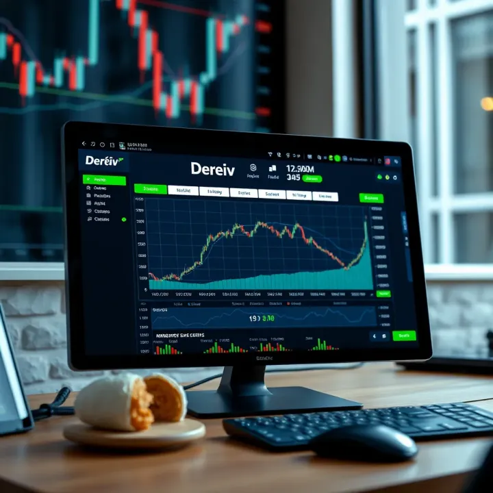 Desktop with Deriv application open displaying trading features