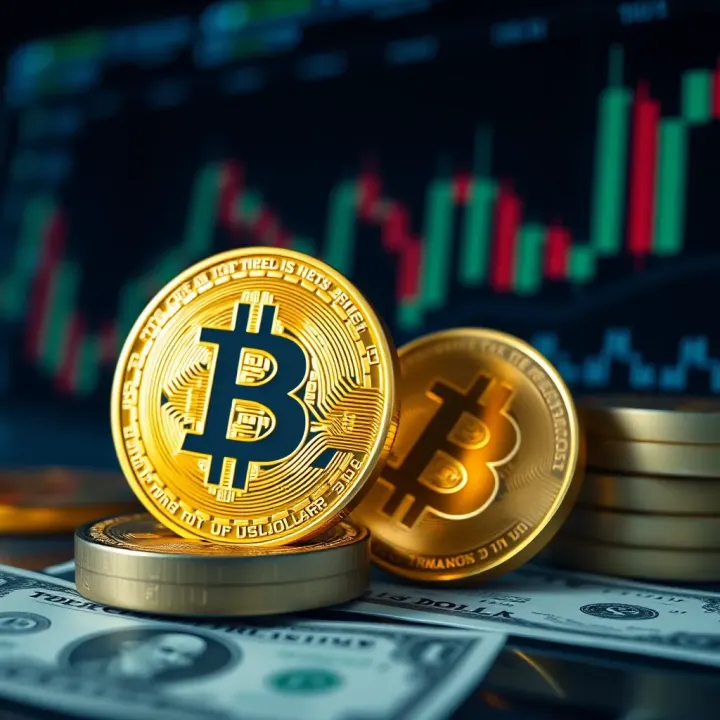 Bitcoin and US Dollar: Market Interaction Overview Conceptual illustration of digital currency with a focus on Bitcoin and US dollar symbols