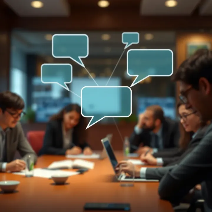 Open communication flow represented by speech bubbles and connecting lines
