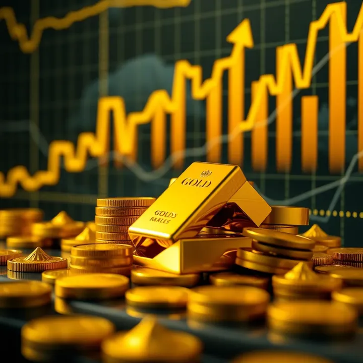 Gold Market Analysis with Financial Trends Golden bars and coins with upward trending financial charts in the background representing gold market analysis