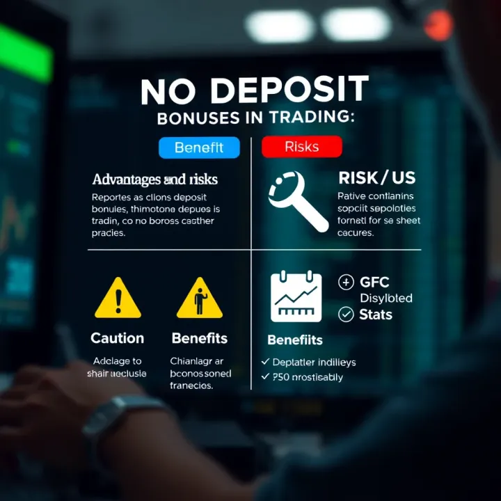 Graphic depicting advantages and risks of no deposit bonuses in trading with caution and benefit icons