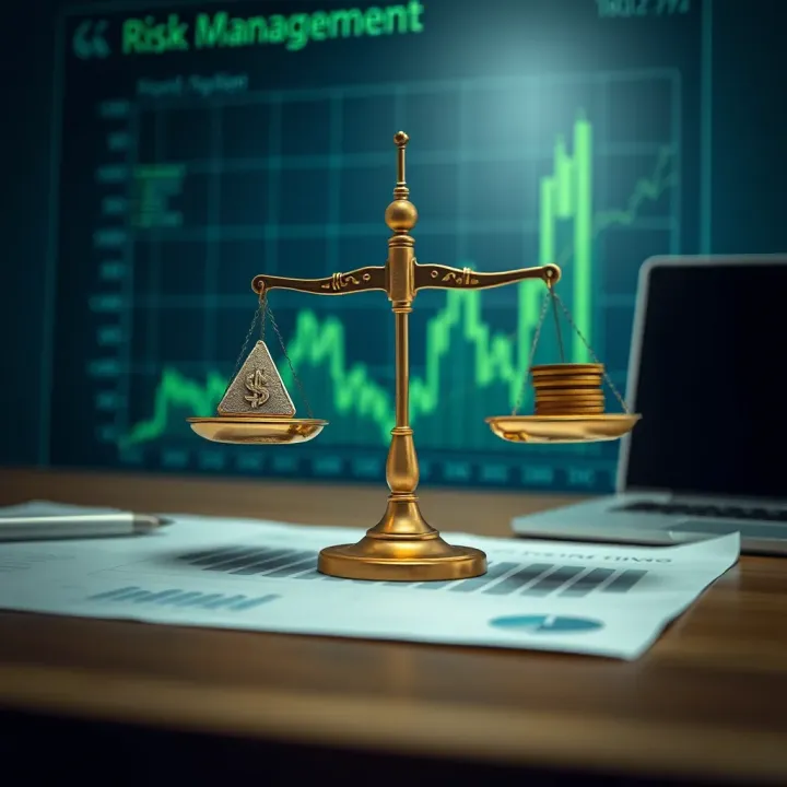 Graph displaying risk management concepts with balance scales and financial symbols