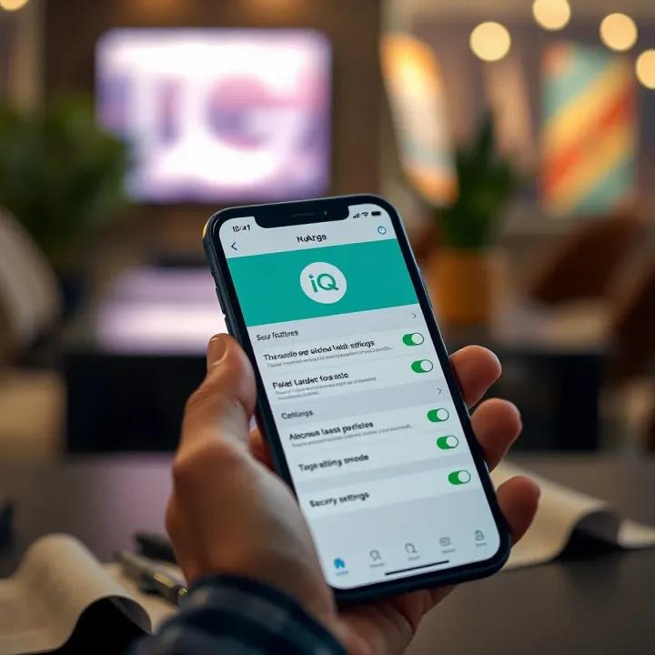 Mobile device displaying IQ app features and security settings