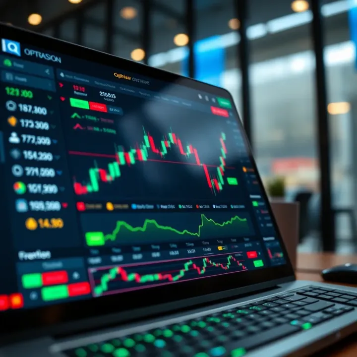User interface of IQ Option platform showing various financial assets and trading options
