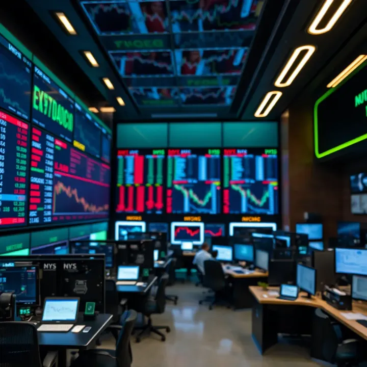 Modern digital trading environment showing screens with stock market data and electronic trading platforms