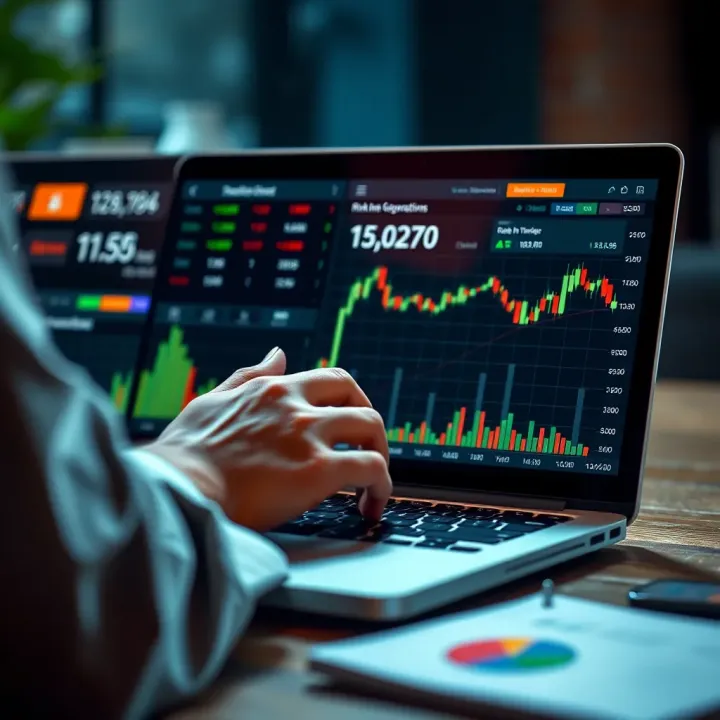 User interacting with a trading calculator tool on a laptop displaying risk management data