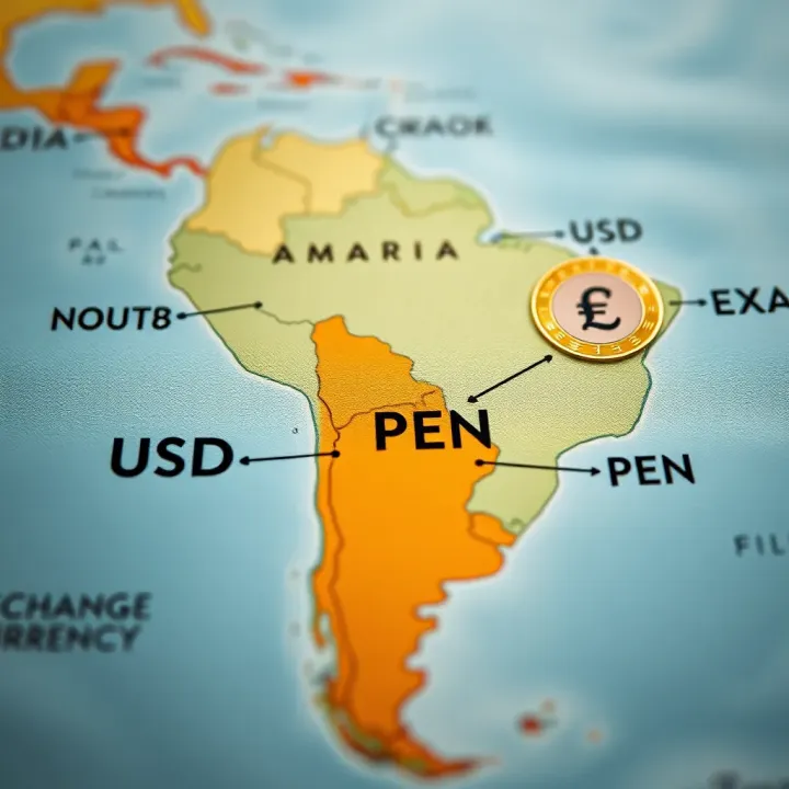 Map highlighting Peru in South America with currency symbols illustrating regional exchange comparisons