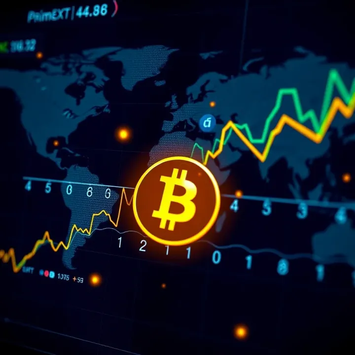 Financial graphs and digital currency symbols illustrating global market access through PrimeXBT