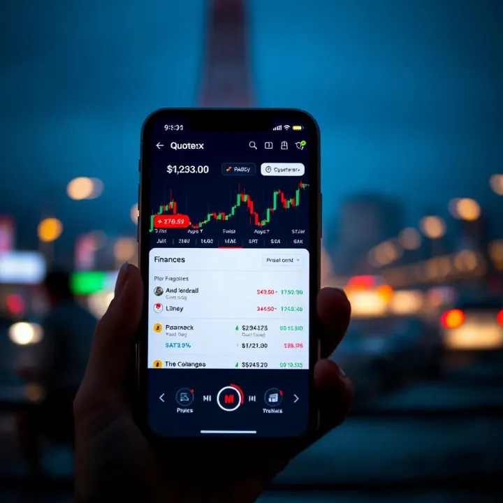 User interface of Quotex mobile app showing financial trading options and charts