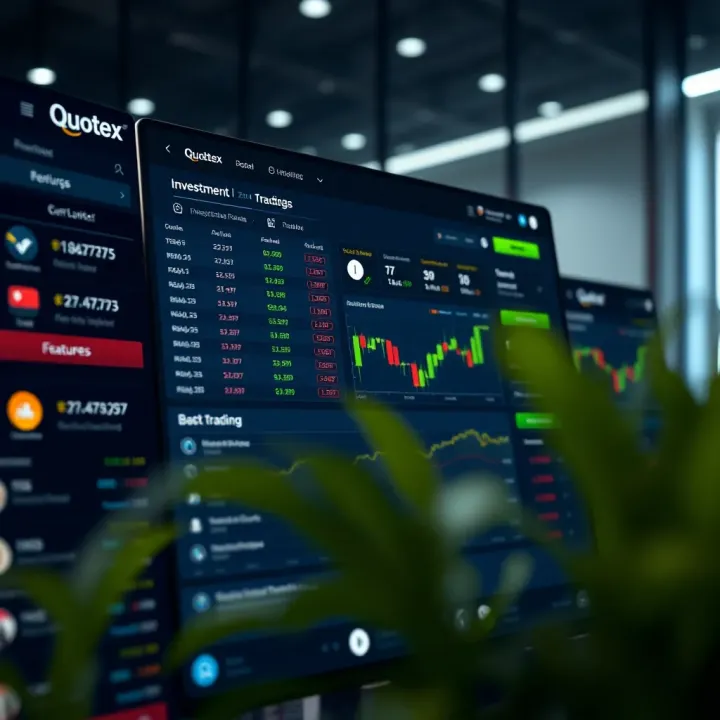 Overview of Quotex trading platform interface displaying investment options and account features