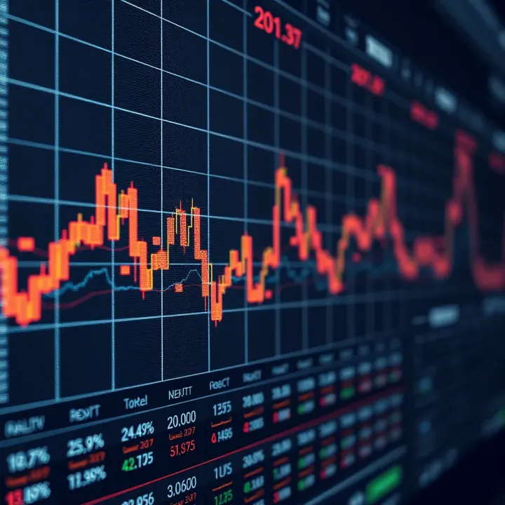 Graphic showing synthetic indices as digital financial charts with ascending trend lines and data points