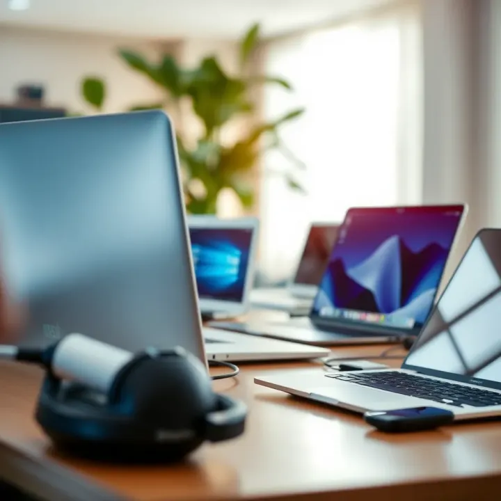 Modern laptops and digital service icons representing competition among top technology firms