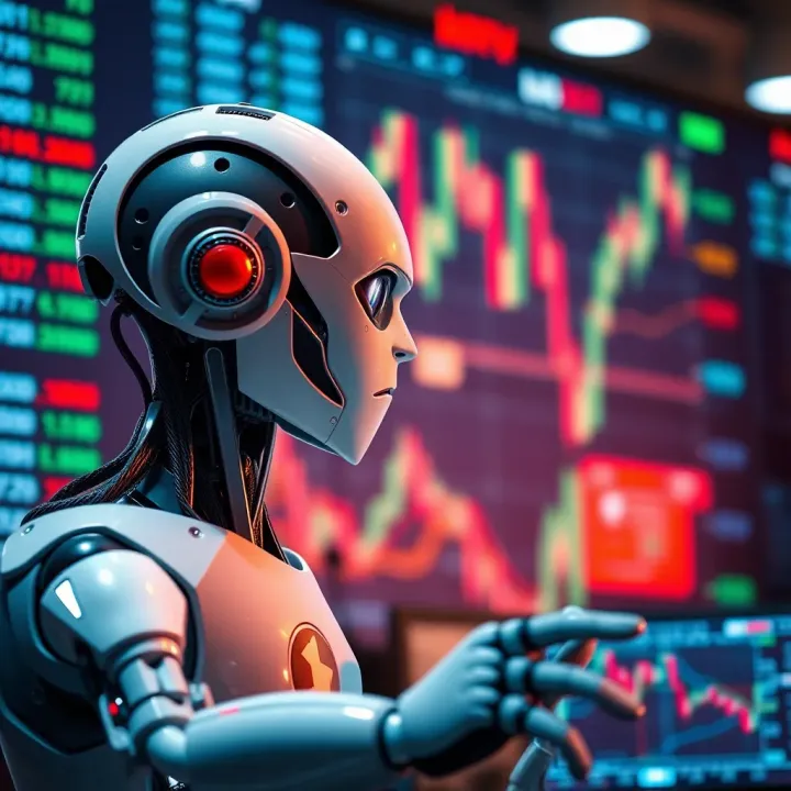 Automated trading robot analyzing market data on digital screen