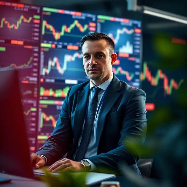 Visual representation of a trader managing capital provided by a financial firm on multiple market charts