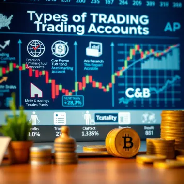 Types of Trading Accounts and Financial Market Overview Illustration showing a variety of trading account options and financial market icons
