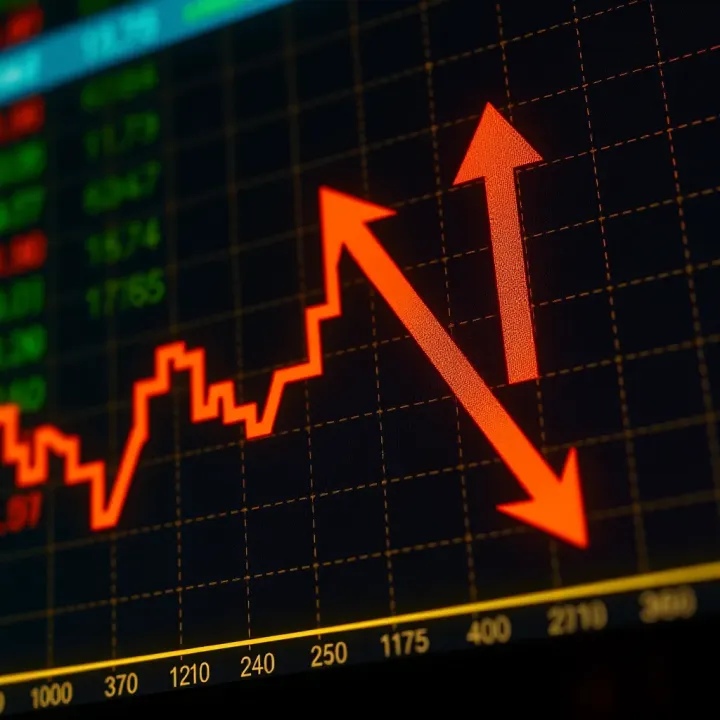 Graph showing binary options price movement prediction with upward and downward arrows