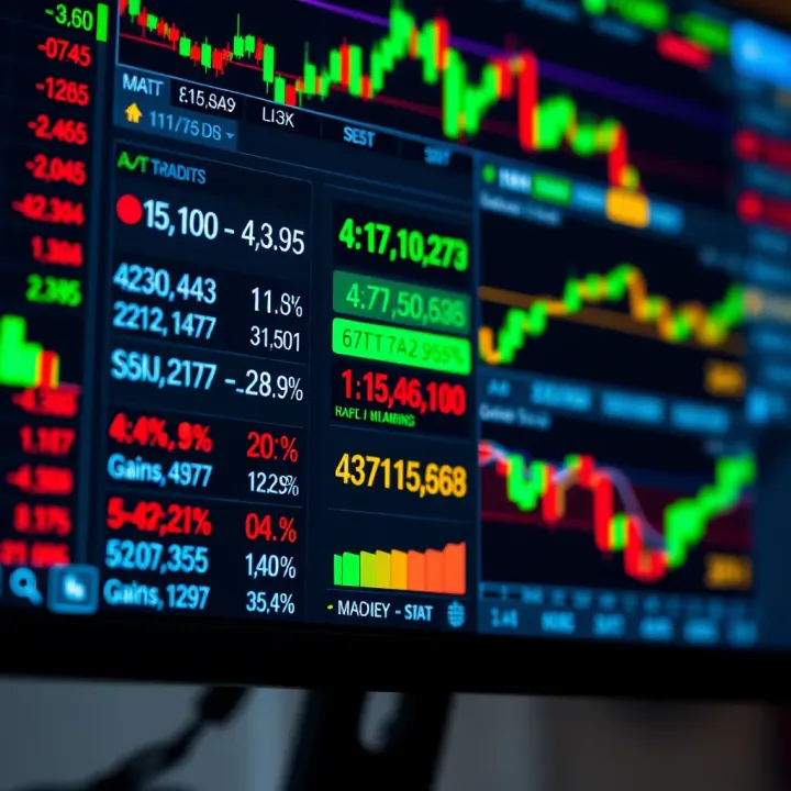 Close-up of a computer screen displaying various trading metrics such as margins, gains, and losses calculated through a trading calculator