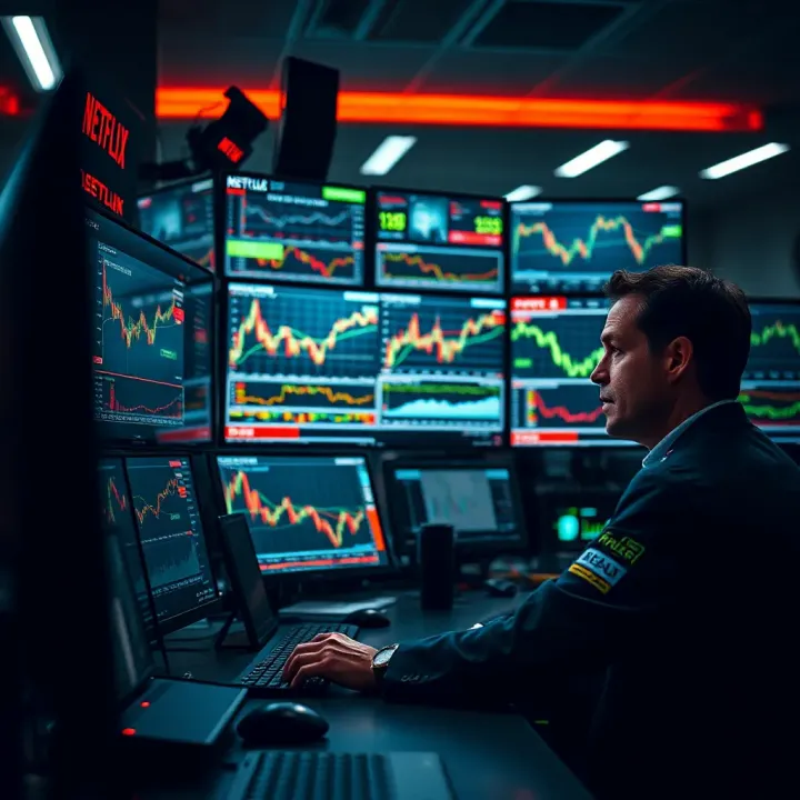 Dramatic scene of a stock trader intensely monitoring multiple financial charts on large screens