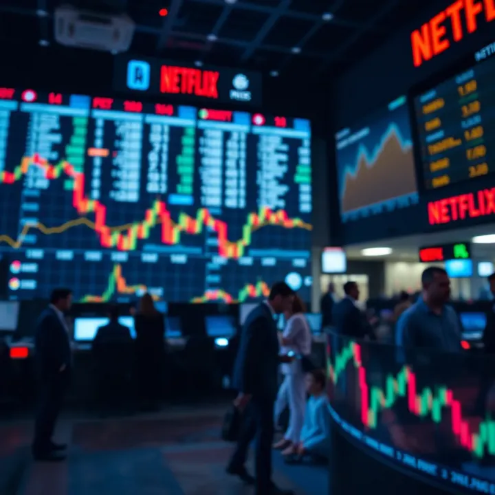Close-up of a cinematic portrayal of stock market transactions with fluctuating graphs and trading floor ambiance
