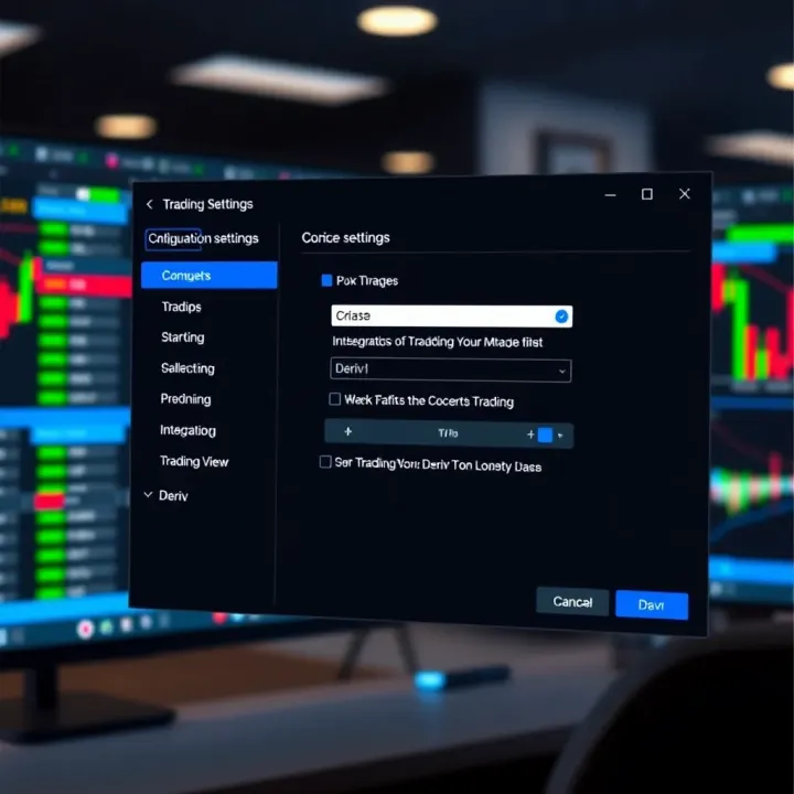Configuration settings window showing integration options between TradingView and Deriv trading tools