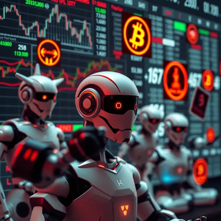 Conceptual illustration of various types of trading bots interacting with market data and legal compliance symbols